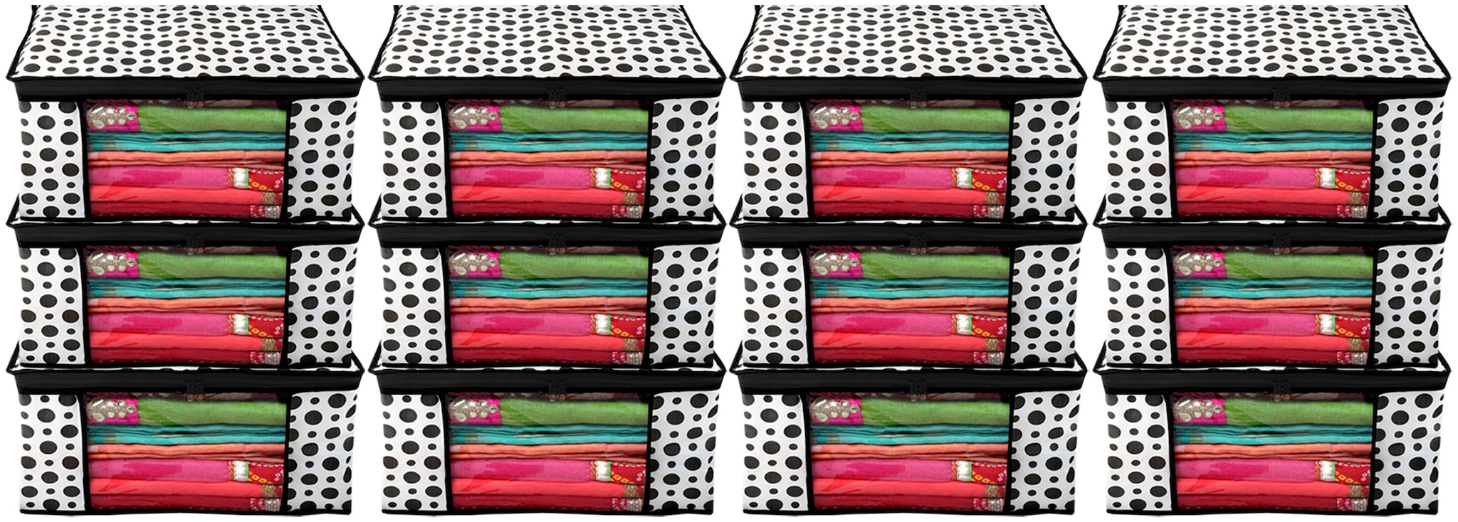

Kuber Industries Polka Dots Design 12 pc Non Woven Fabric Saree Cover Clothes Organiser For Wardrobe Set with Transparent Window Extra Large (Black White) - CTHH17474