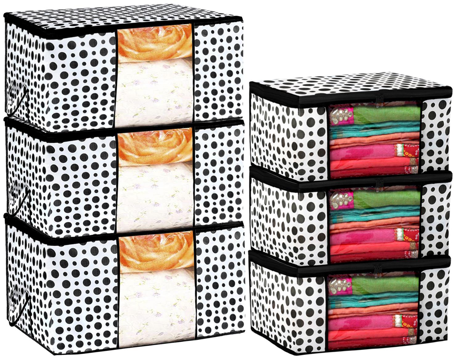 

Kuber Industries Polka Dots Design 3 pc Non Woven Saree Cover And 3 pcs Underbed Storage Bag Storage Organiser Blanket Cover (Black White) - CTHH17504