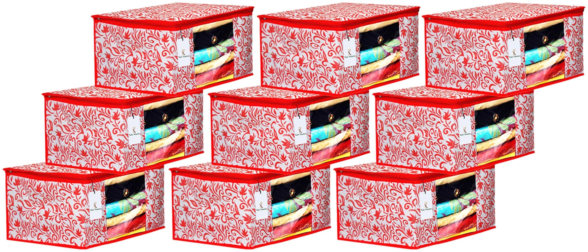 

Kuber Industries Leaf Design 9 pc Non Woven Fabric Saree Cover Set with Transparent Window Extra Large Red- CTHH16149