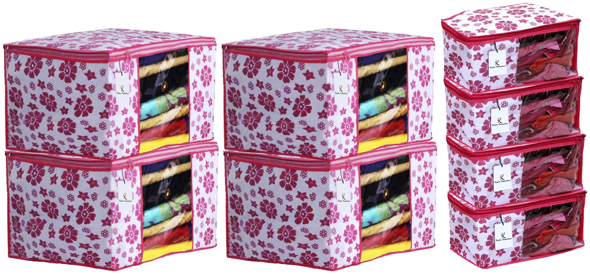 

Kuber Industries Flower Design Non Woven 4 pc Saree Cover Cloth Wardrobe Organizer And 4 pcs Blouse Cover Combo Set (Pink) - CTHH17823