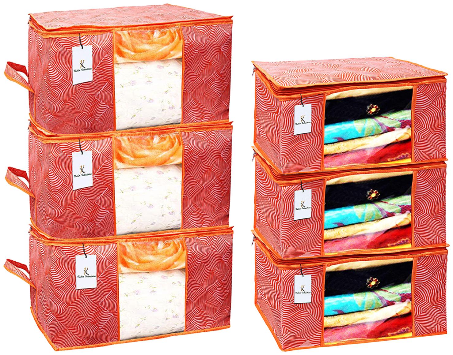 

Kuber Industries Laheriya Printed Non Woven 3 pcs Saree Cover And 3 pcs Underbed Storage Bag Cloth Organizer For Storage Blanket Cover Combo Set (Orange) - CTHH18077