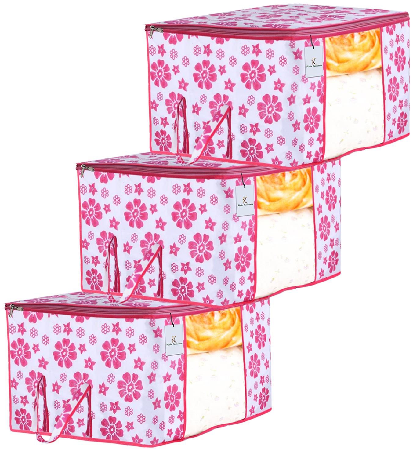

Kuber Industries Flower Design 3 pc Non Woven Underbed Storage Bag Storage Organiser Blanket Cover with Transparent Window Extra Large Pink CTHH15598