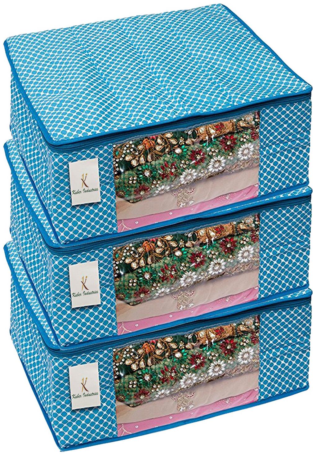 

Kuber Industries Cotton 3 pcs Hathkadi Print Saree Cover (Blue) CTHH18886