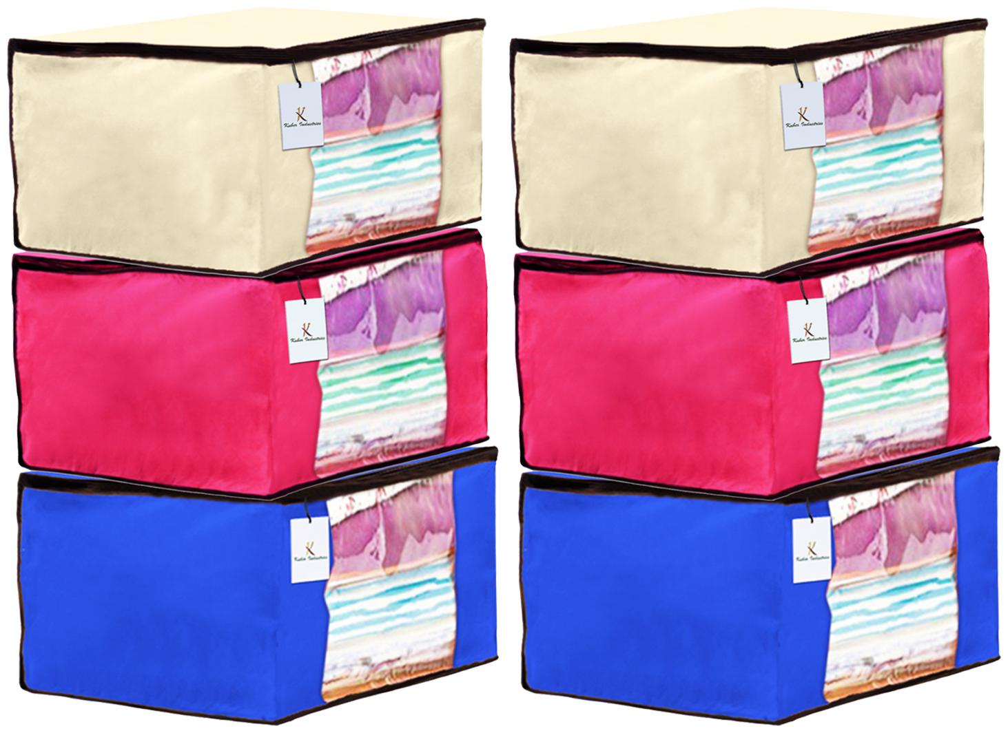 

Kuber Industries 6 Piece Non Woven Fabric Saree Cover Set with Transparent Window Extra Large Ivory Royal Blue Pink CTHH14142
