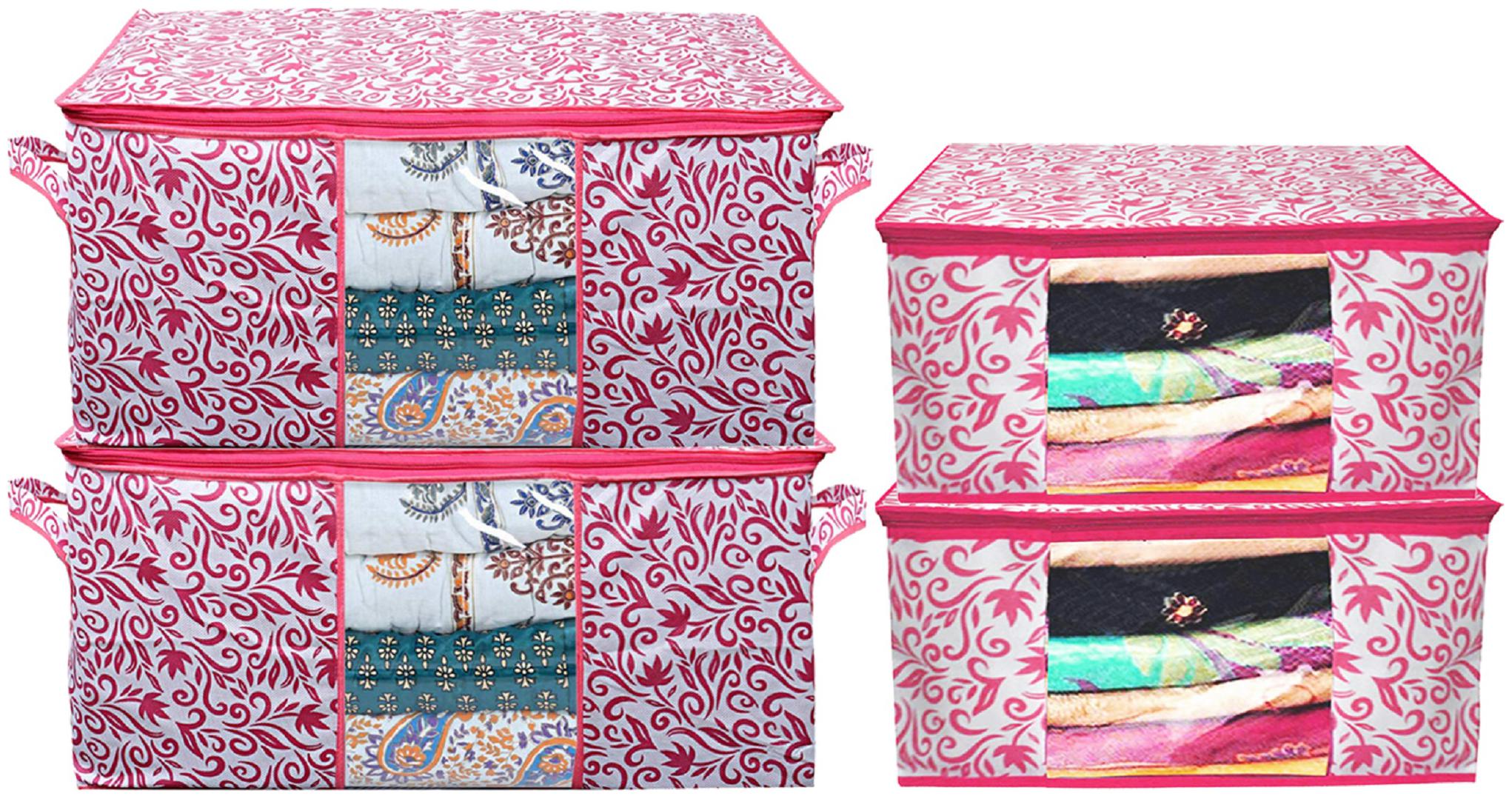 

Kuber Industries Leaf Design Non Woven 2 pcs Saree Cover And 2 pcs Underbed Storage Bag Cloth Organizer For Storage Blanket Cover Combo Set (Pink) - CTHH18037