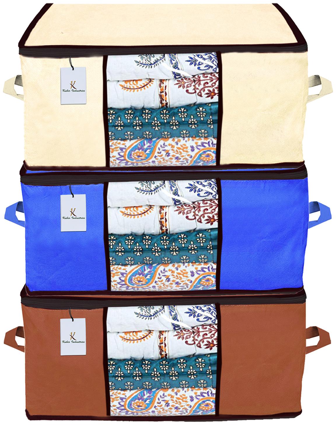 

Kuber Industries Underbed Storage Bag Storage Organiser Blanket Cover Set of 3 - Extra Large Size Ivory Royal Blue Dark Brown CTHH14334