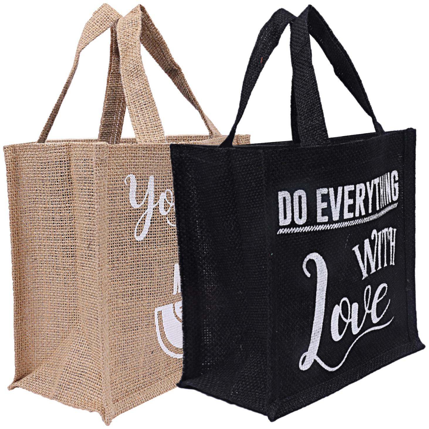 

Kuber Industries 2 pcs Men s and Women s Reusable Eco-Friendly Multipurpose Jute Hand Bag (Brown Black) - CTHH11250