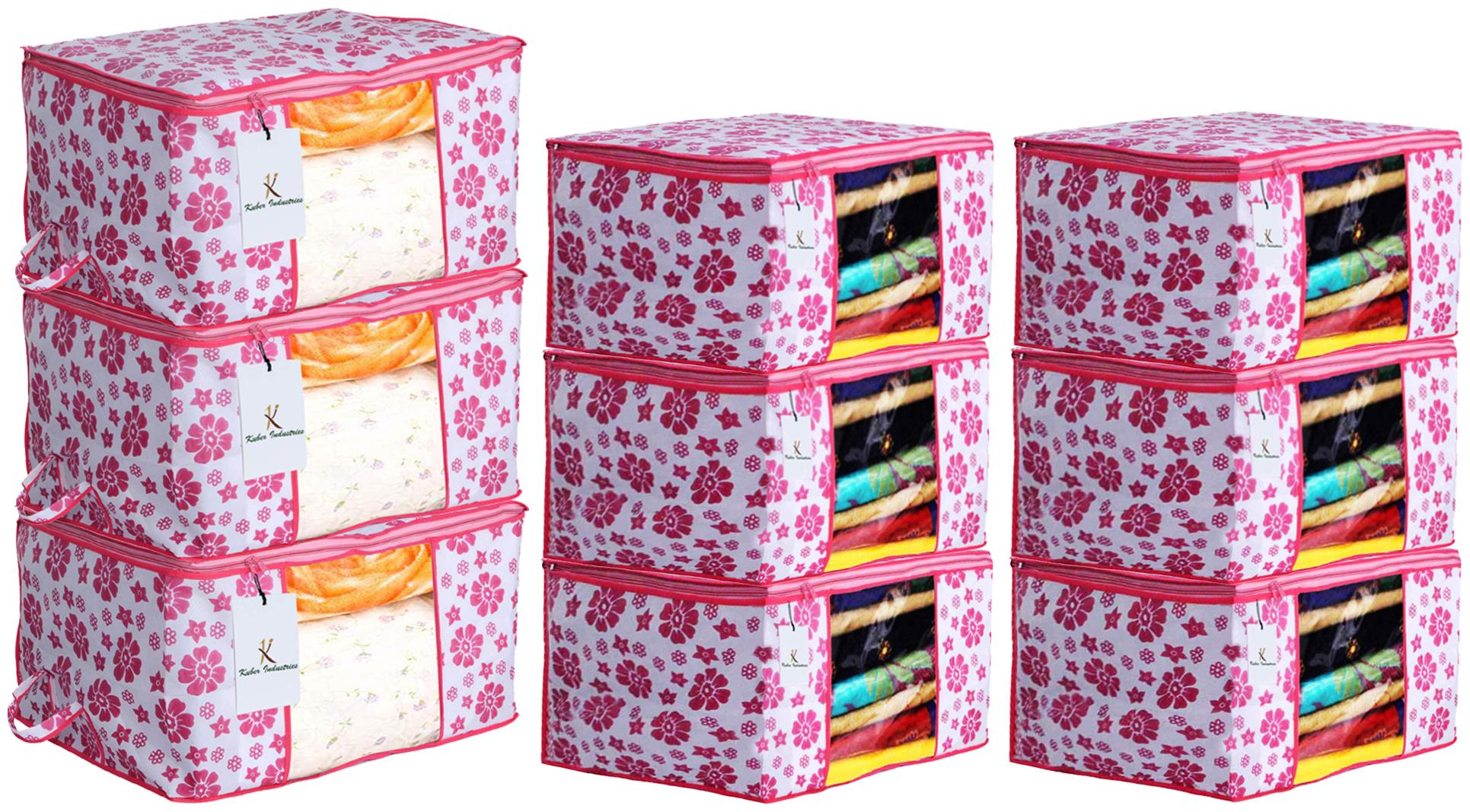

Kuber Industries Flower Printed Non Woven 6 pcs Saree Cover And 3 pcs Underbed Storage Bag Cloth Organizer For Storage Blanket Cover Combo Set (Pink) - CTHH17998