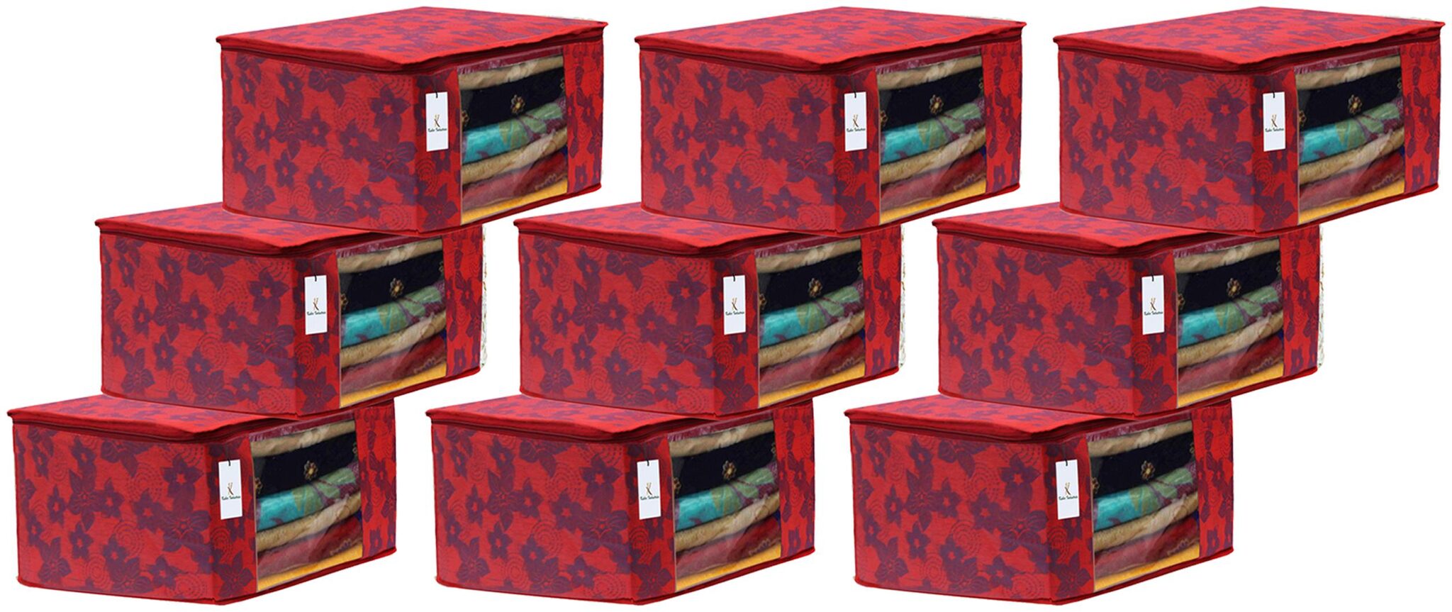 

Kuber Industries Metalic Printed 9 pc Non Woven Fabric Saree Cover Set with Transparent Window Extra Large Red- CTHH16125