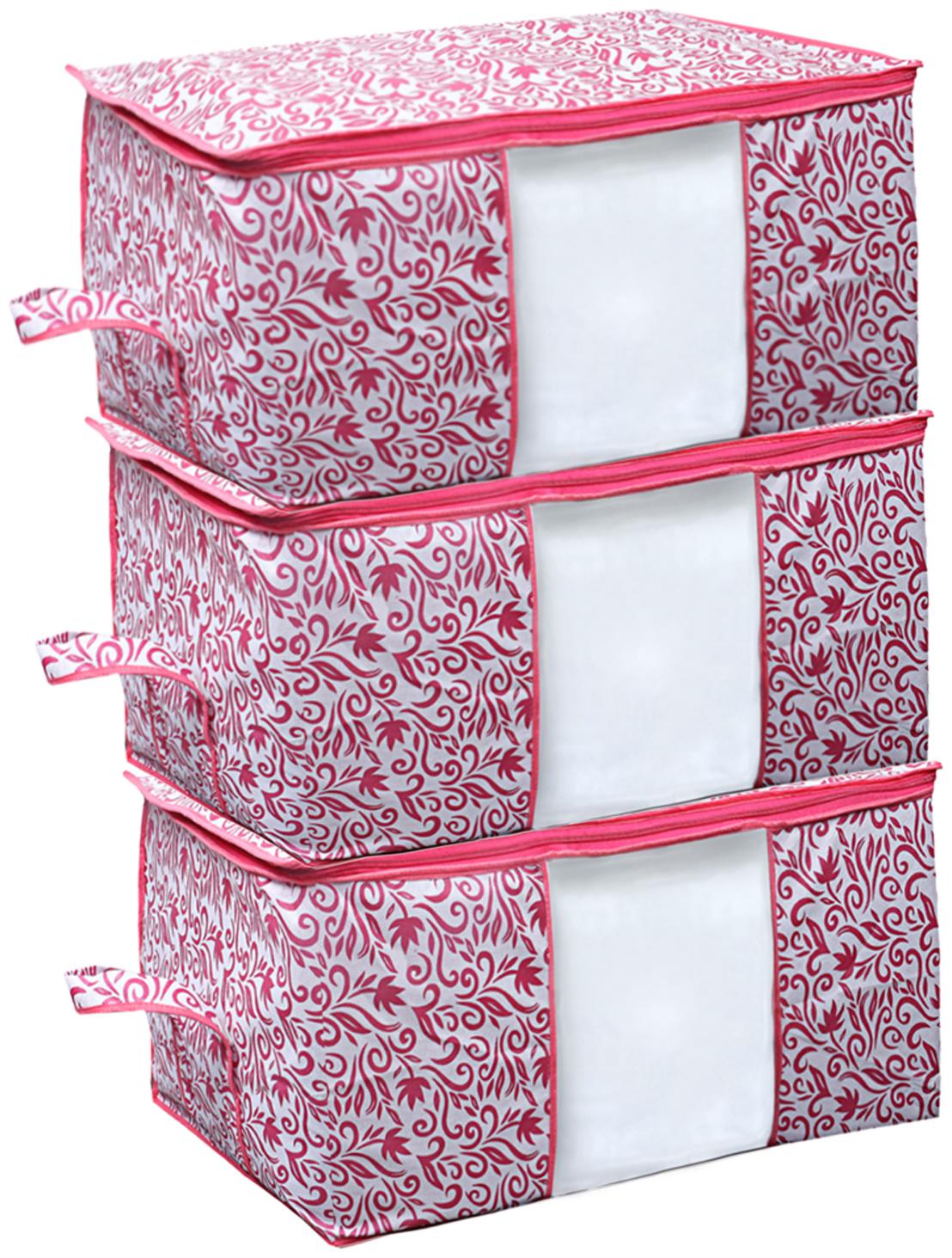 

Kuber Industries Leaf Design Non Woven 3 Pieces Underbed Storage Bag Storage Organiser Blanket Cover (Pink)- CTHH22190