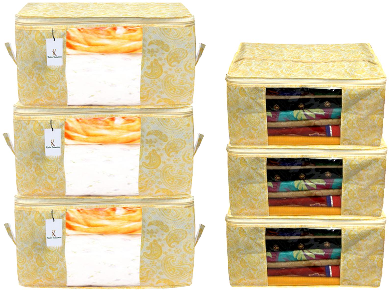

Kuber Industries Metallic Printed Non Woven 3 pcs Saree Cover And 3 pcs Underbed Storage Bag Cloth Organizer For Storage Blanket Cover Combo Set (Gold) - CTHH17970