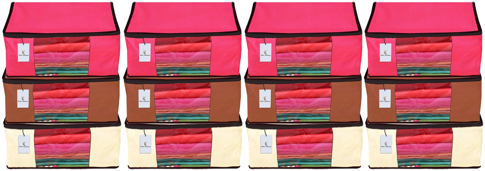 

Kuber Industries 12 Piece Non Woven Fabric Saree Cover Set with Transparent Window Extra Large Ivory Pink Dark Brown CTHH14196