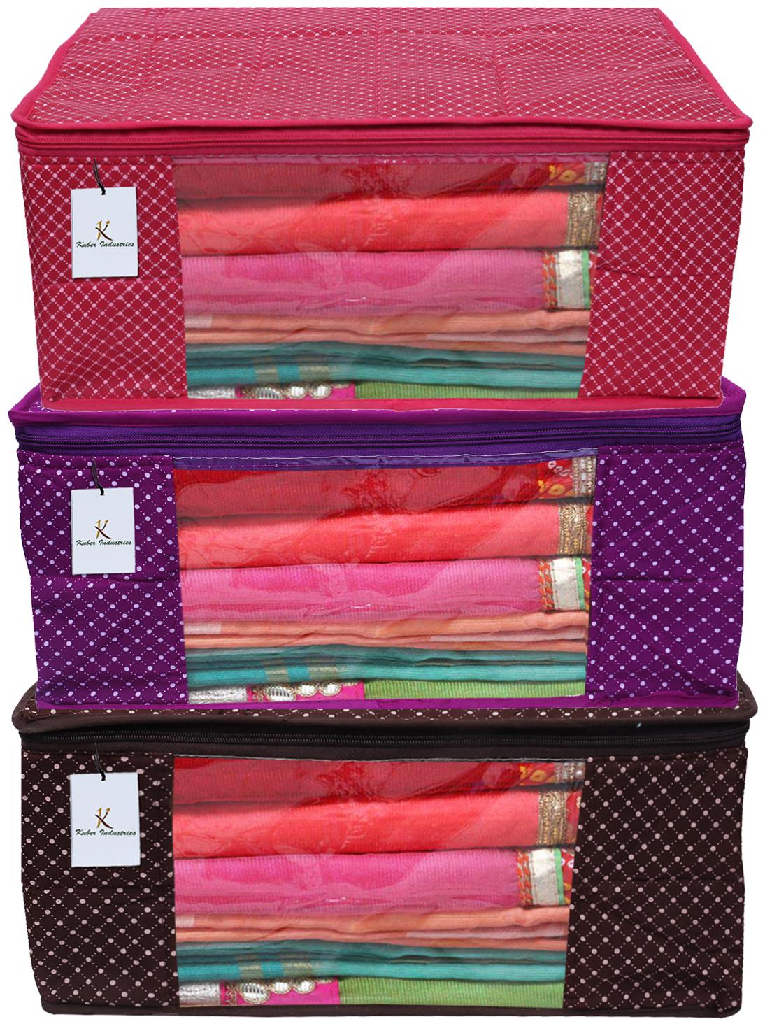 

Kuber Industries Polka Dots 3 Piece Cotton 3 Layered Quilted Saree Cover Pink Purple Brown- CTHH12931