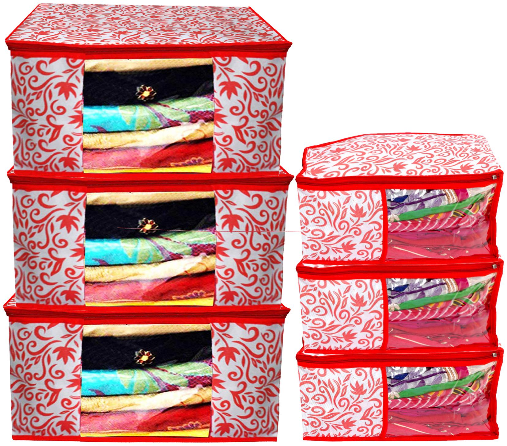 

Kuber Industries Leaf Design Non Woven 3 pc Saree Cover Cloth Wardrobe Organizer And 3 pcs Blouse Cover Combo Set (Red) - CTHH17786