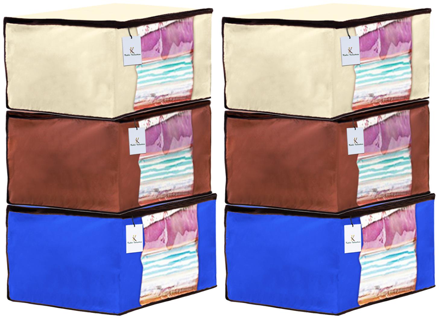 

Kuber Industries 6 Piece Non Woven Fabric Saree Cover Set with Transparent Window Extra Large Ivory Royal Blue Dark Brown CTHH14141