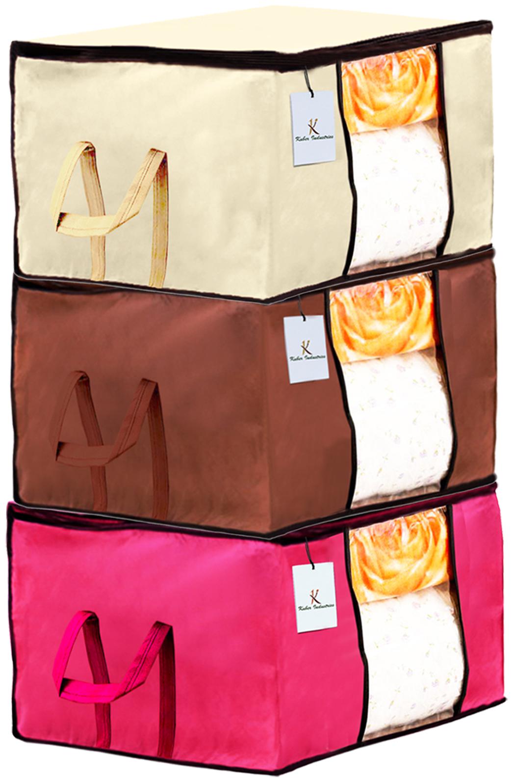 

Kuber Industries Underbed Storage Bag Storage Organiser Blanket Cover Set of 3 - Extra Large Size Ivory Pink Dark Brown CTHH14285