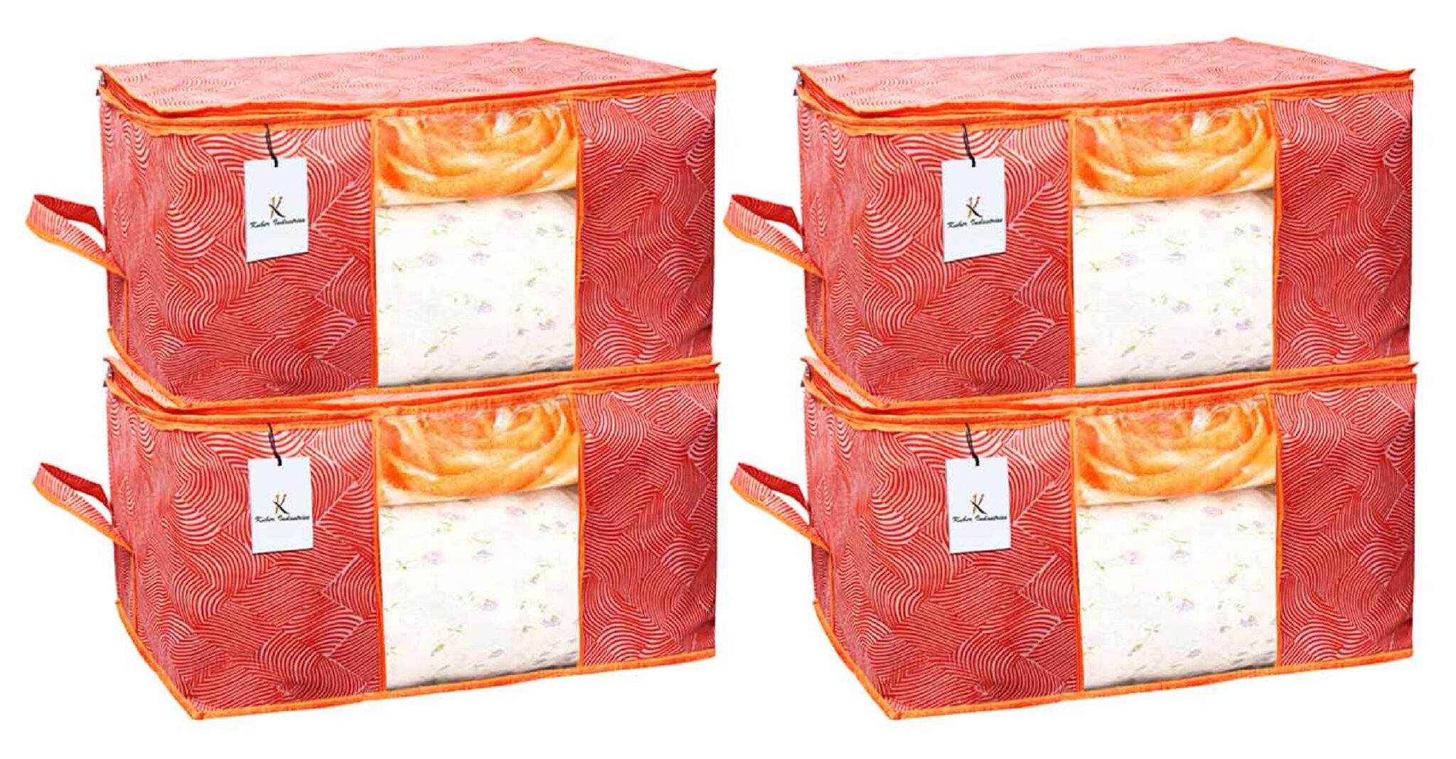 

Kuber Industries Leheriya Design Underbed Storage Bag Storage Organiser Blanket Cover Set of 4 - Orange Extra Large Size - CTHH11966