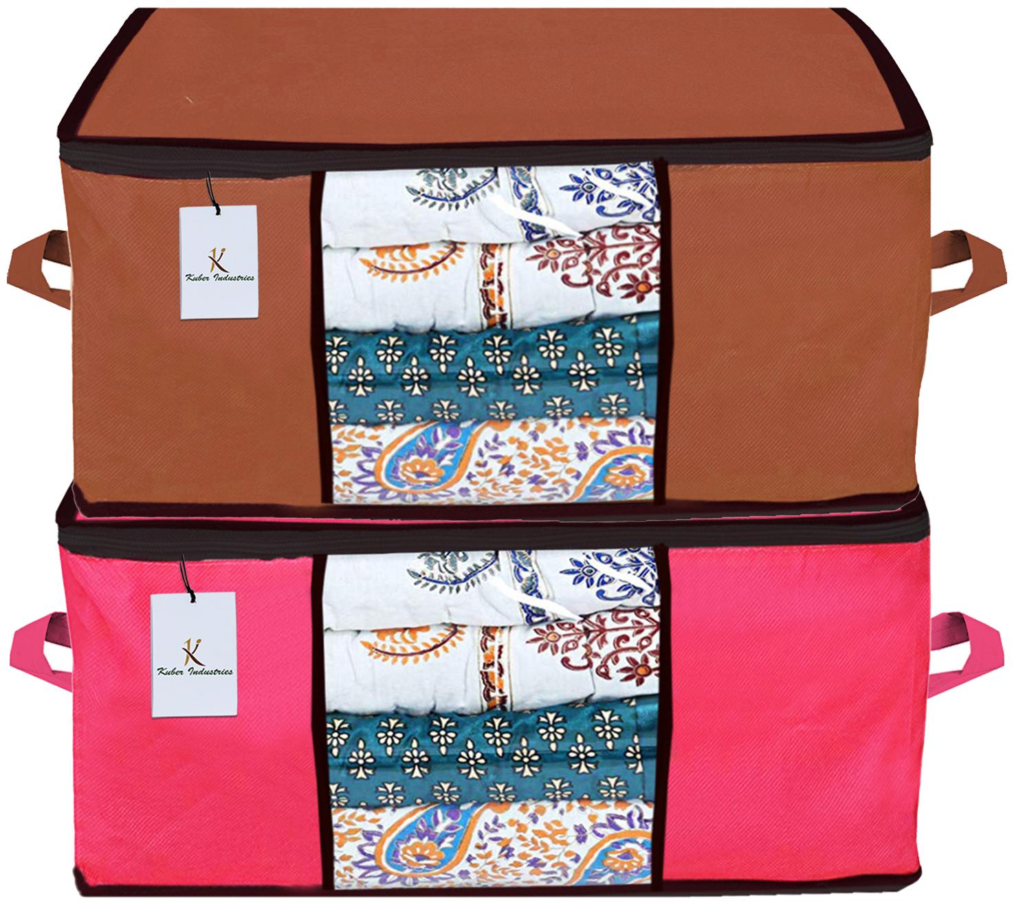

Kuber Industries Underbed Storage Bag Storage Organiser Blanket Cover Set of 2 - Dark Brown Pink Extra Large Size CTHH14330
