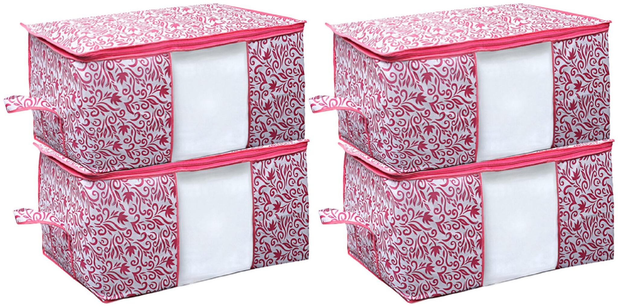 

Kuber Industries Leaf Design Non Woven 4 Pieces Underbed Storage Bag Storage Organiser Blanket Cover (Pink)- CTHH12782