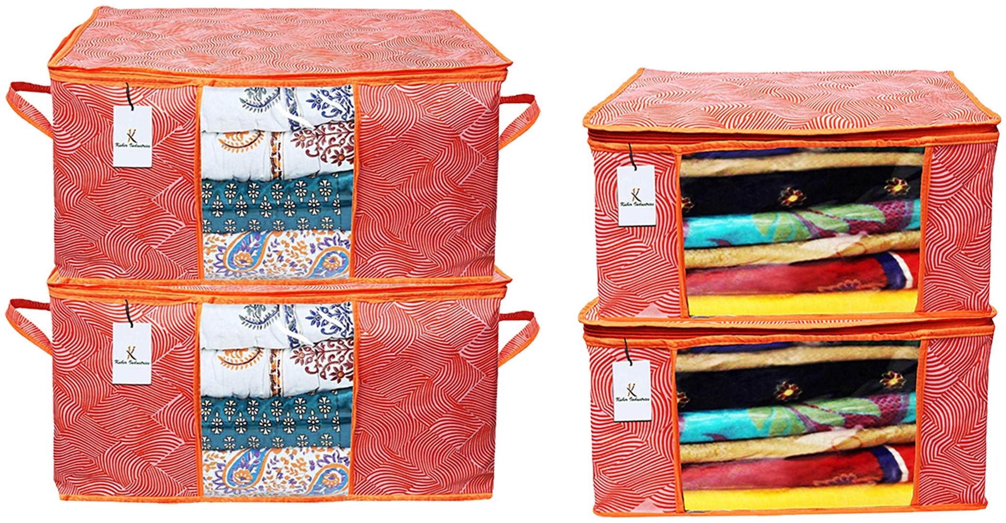

Kuber Industries Laheriya Printed Non Woven 2 pcs Saree Cover And 2 pcs Underbed Storage Bag Cloth Organizer For Storage Blanket Cover Combo Set (Orange) - CTHH18074