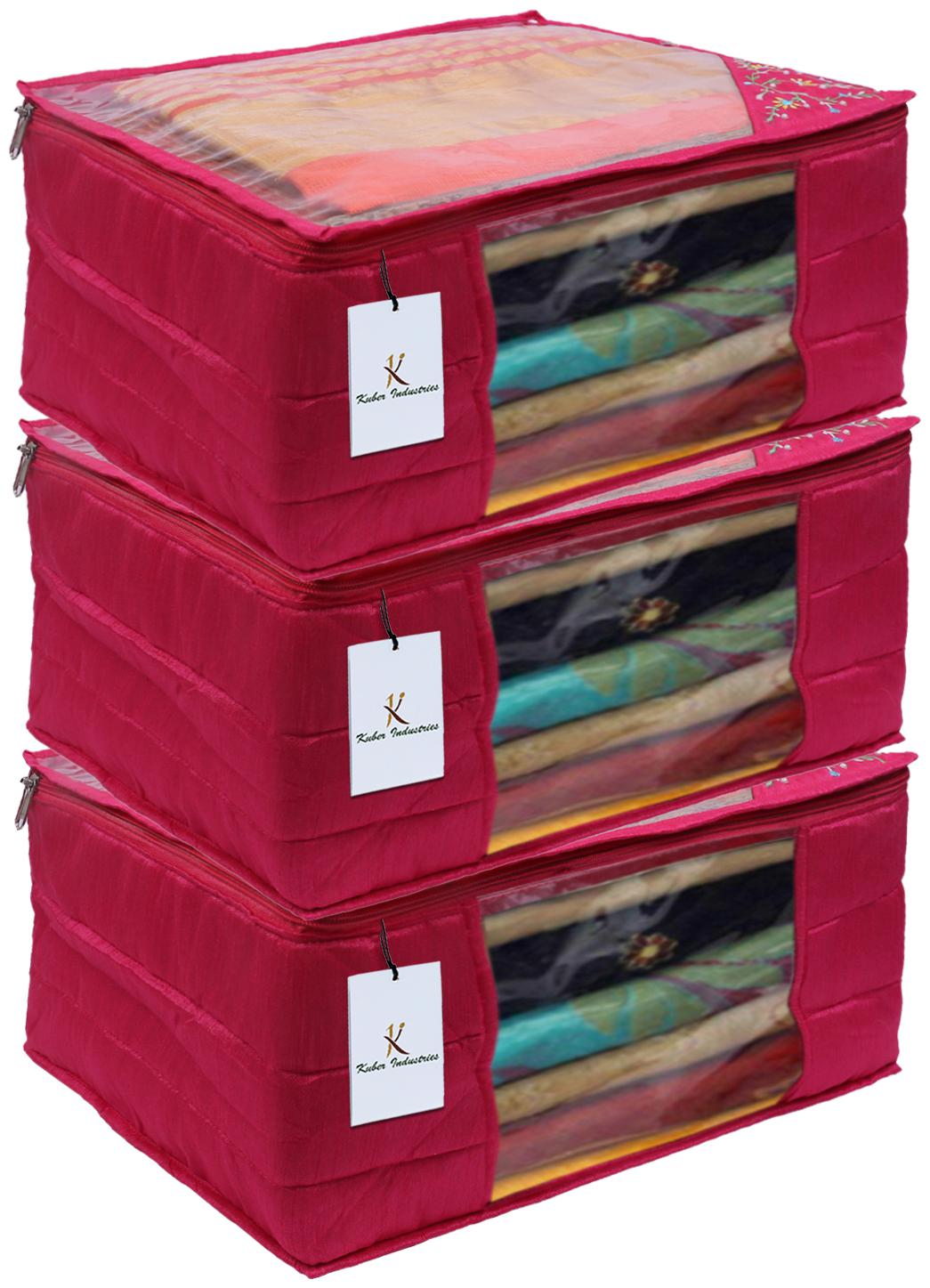 

Kuber Industries 3 layered Quilted Silk 3 Pieces Saree Cover (Pink) - CTHH21520