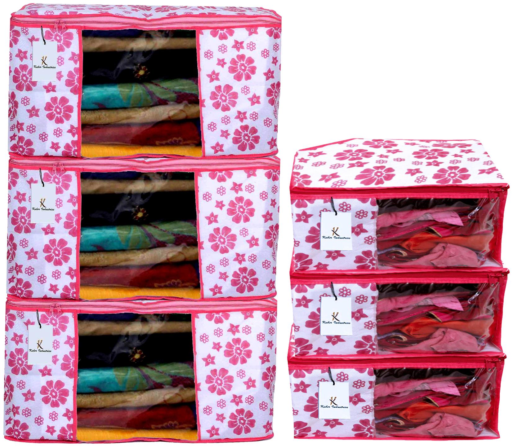 

Kuber Industries Flower Design Non Woven 3 pc Saree Cover Cloth Wardrobe Organizer And 3 pcs Blouse Cover Combo Set (Pink) - CTHH17822