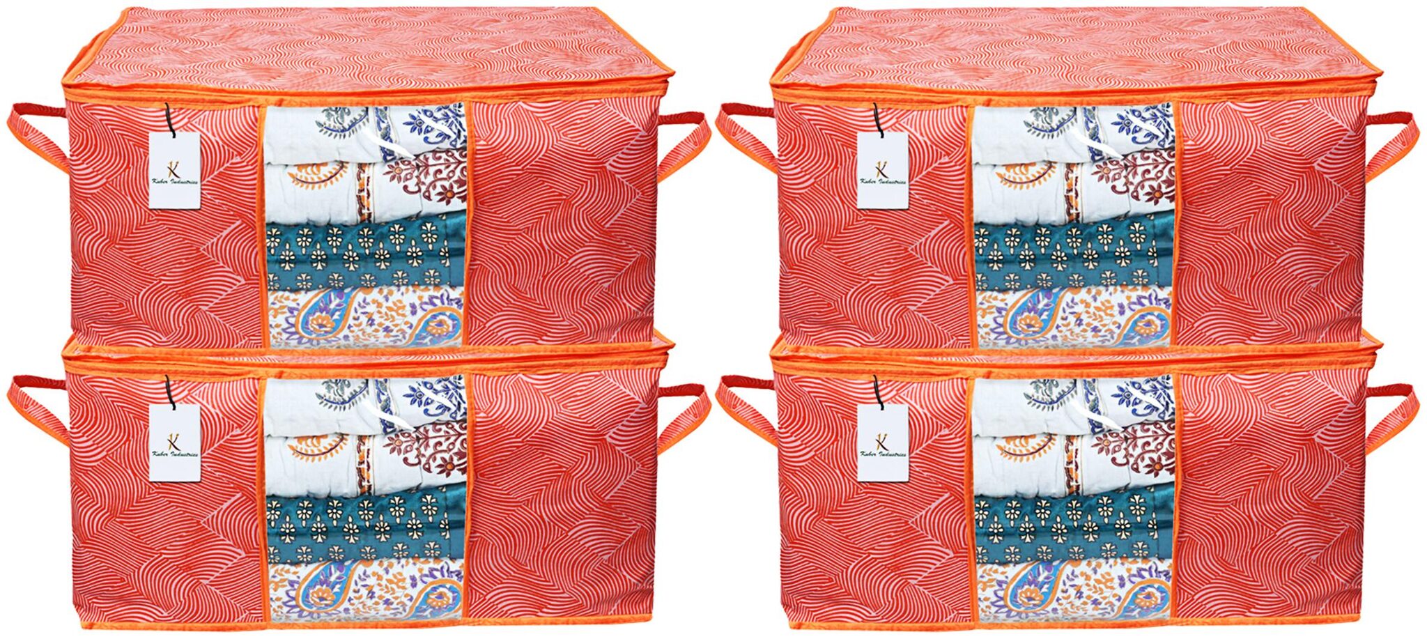 

Kuber Industries Leheriya Design Underbed Storage Bag Storage Organiser Blanket Cover Set of 4 - Orange Extra Large Size - CTHH11961