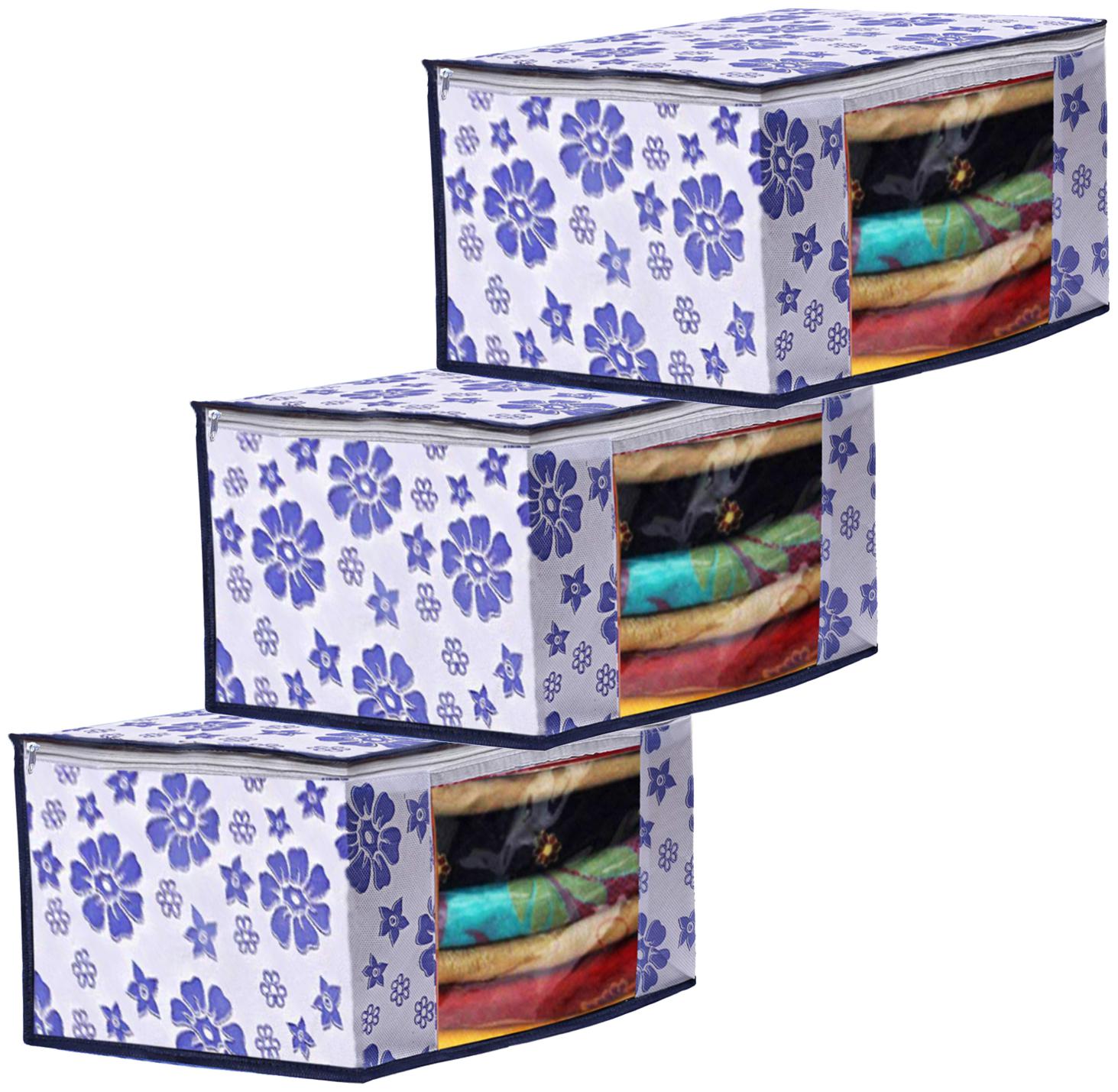 

Kuber Industries Flower Design 3 pc Non Woven Fabric Saree Cover Set with Transparent Window Extra Large Royal Blue- CTHH16171