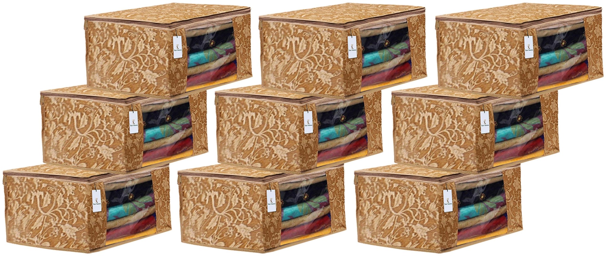 

Kuber Industries Metalic Printed 9 pc Non Woven Fabric Saree Cover Set with Transparent Window Extra Large Beige- CTHH16129