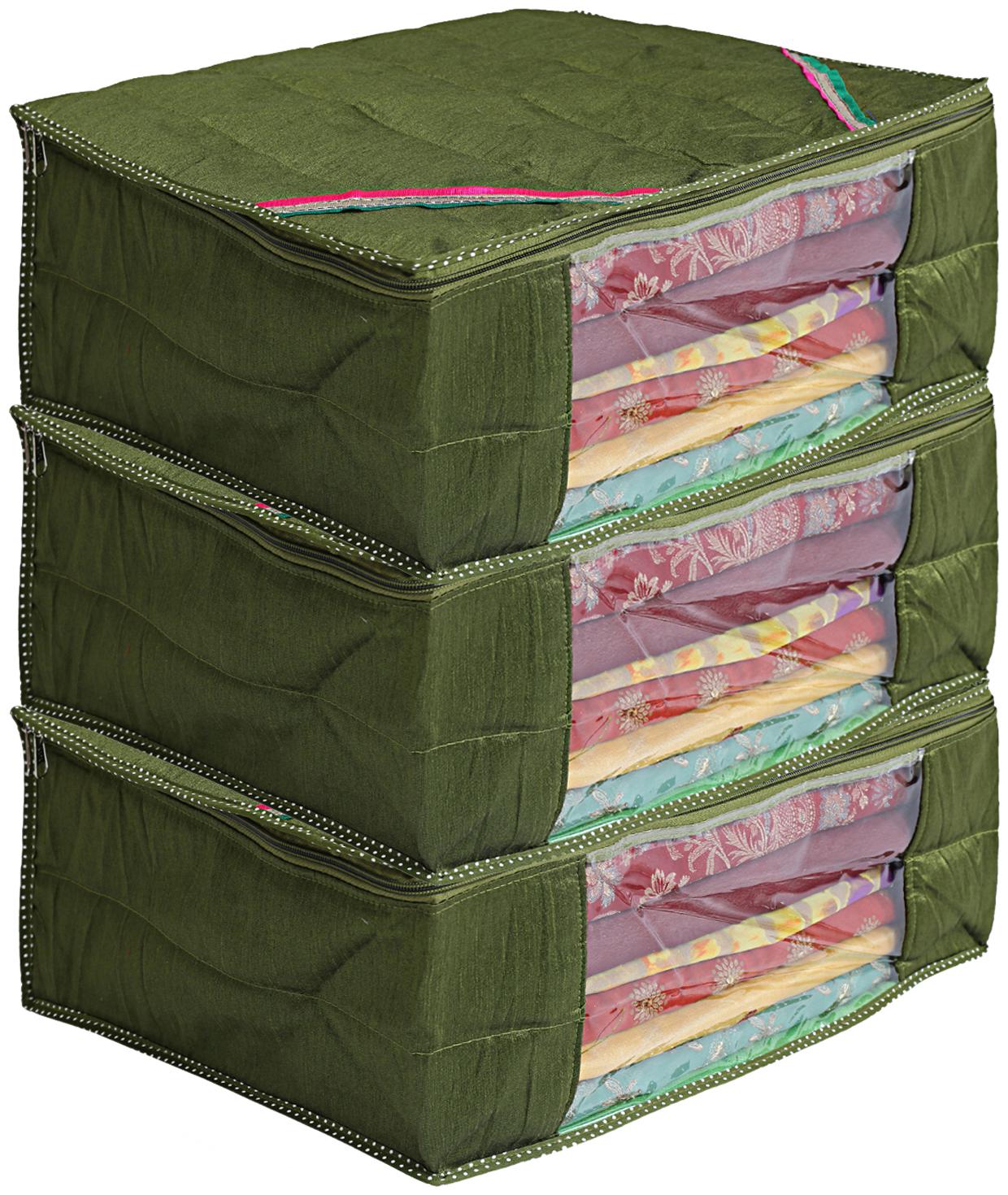 

Kuber Industries 3 Pieces Raw Silk Saree Cover Wardrobe Organizer (Green)- CTHH11488