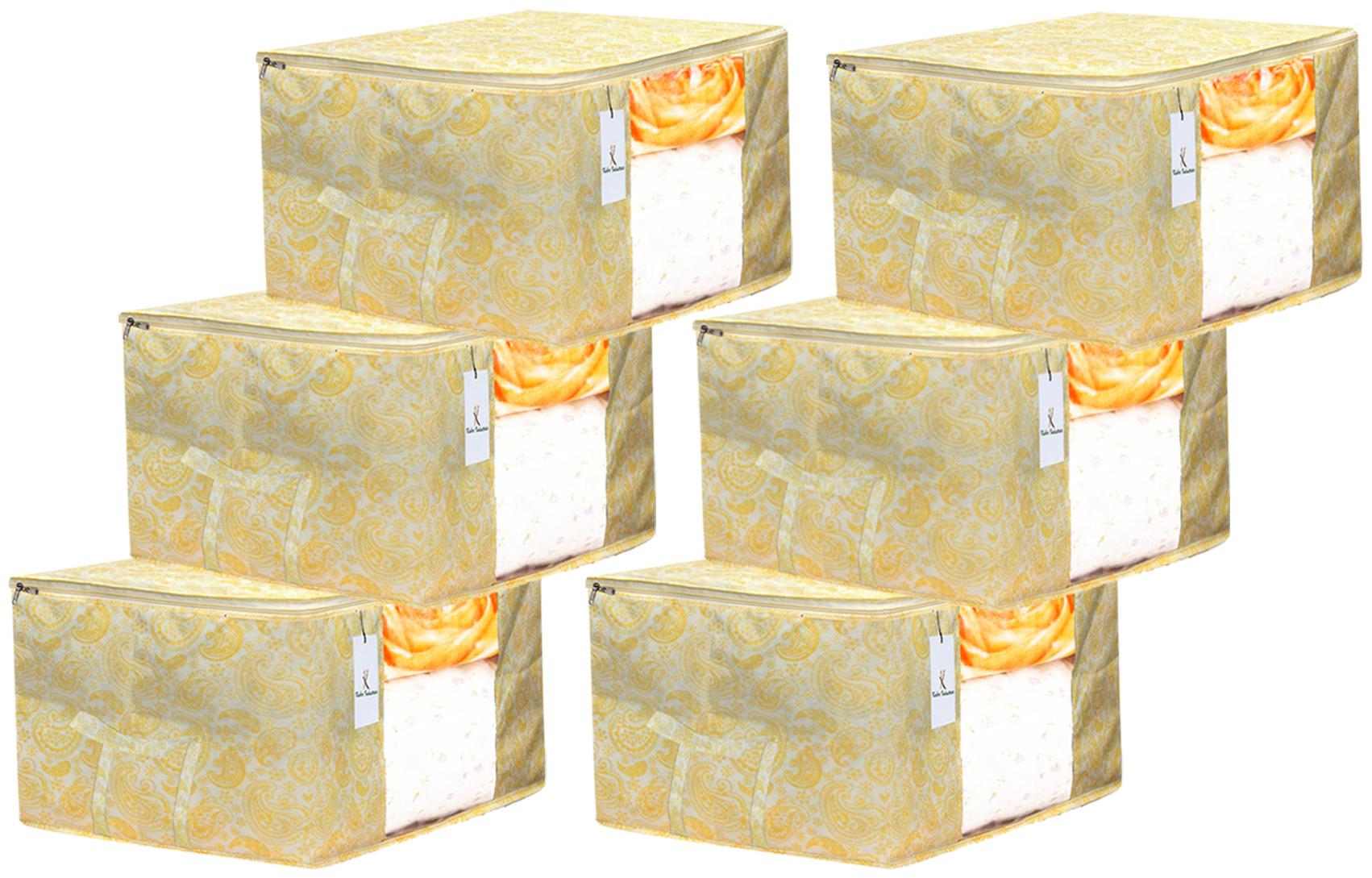 

Kuber Industries Leaf Design 6 pc Non Woven Underbed Storage Bag Storage Organiser Blanket Cover with Transparent Window Extra Large Gold CTHH15619
