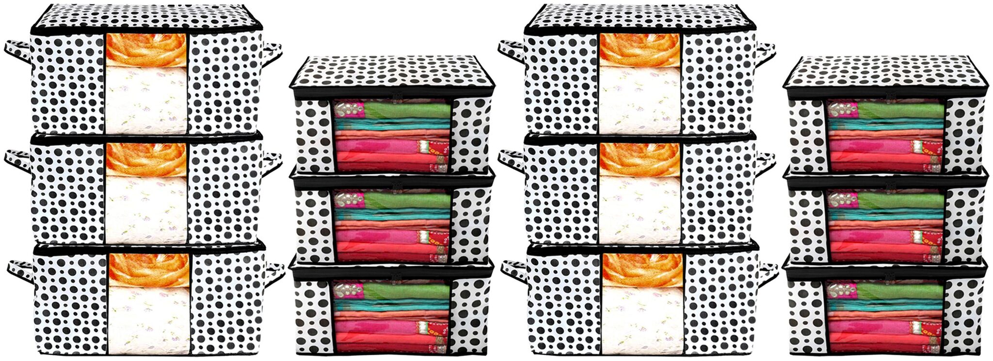 

Kuber Industries Polka Dots Design 6 pc Non Woven Saree Cover And 6 pcs Underbed Storage Bag Storage Organiser Blanket Cover (Black White) - CTHH17507