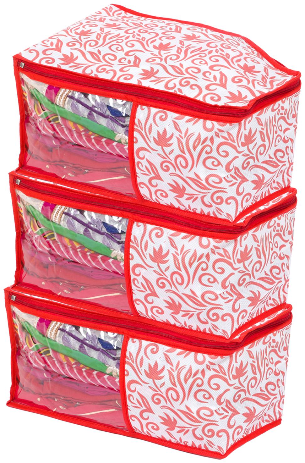 

Kuber Industries Floral Design 3 Pieces Non Woven Blouse Cover Set (Red White) - CTHH13753