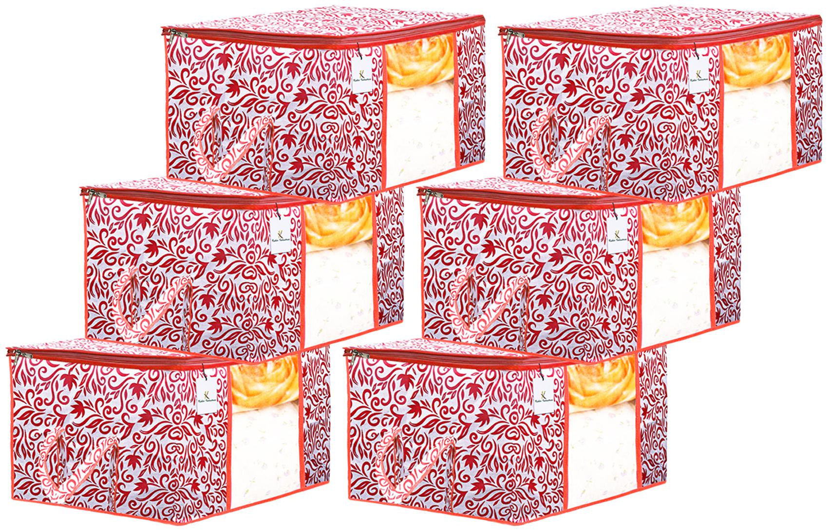

Kuber Industries Leaf Design 6 pc Non Woven Underbed Storage Bag Storage Organiser Blanket Cover with Transparent Window Extra Large Red CTHH15614