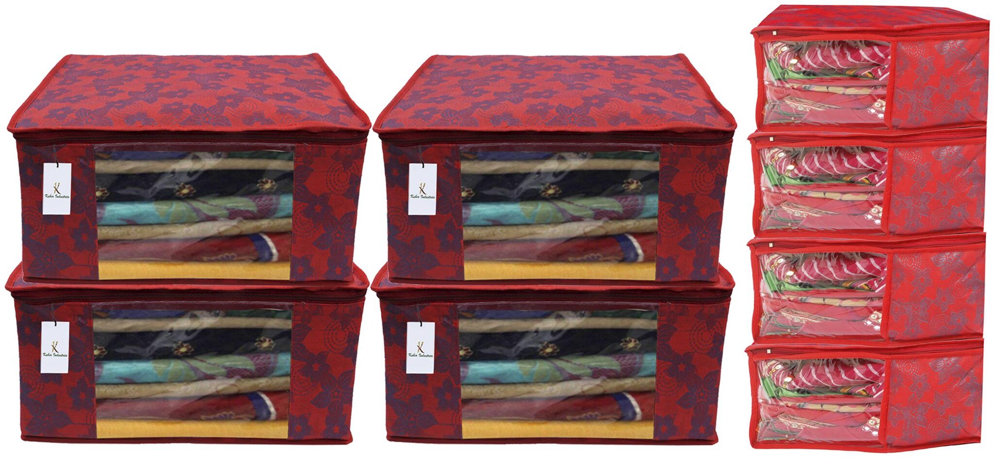

Kuber Industries Metallic Printed Non Woven 4 pc Saree Cover Cloth Wardrobe Organizer And 4 pcs Blouse Cover Combo Set (Red) - CTHH17793