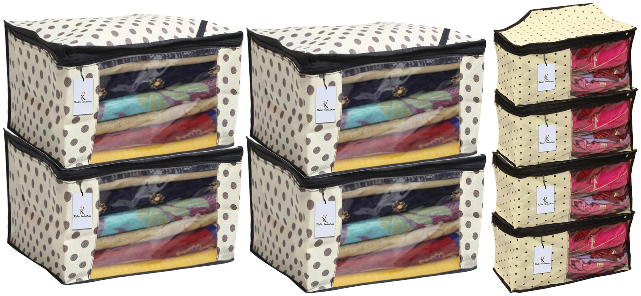 

Kuber Industries Polka Dots Design Non Woven 4 pc Saree Cover Cloth Wardrobe Organizer And 4 pcs Blouse Cover Combo Set (Ivory) - CTHH17806