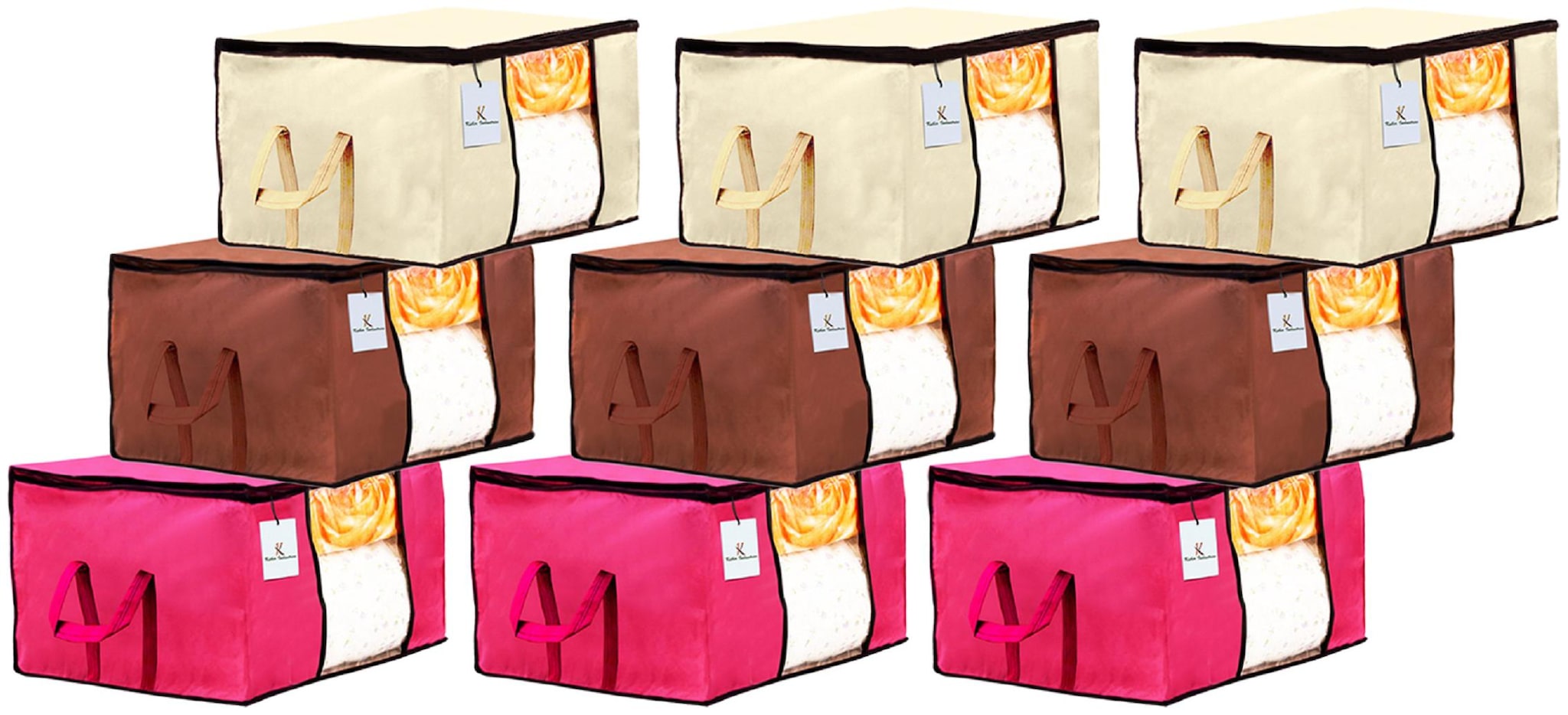 

Kuber Industries Underbed Storage Bag Storage Organiser Blanket Cover Set of 9 - Extra Large Size Ivory Pink Dark Brown CTHH14243