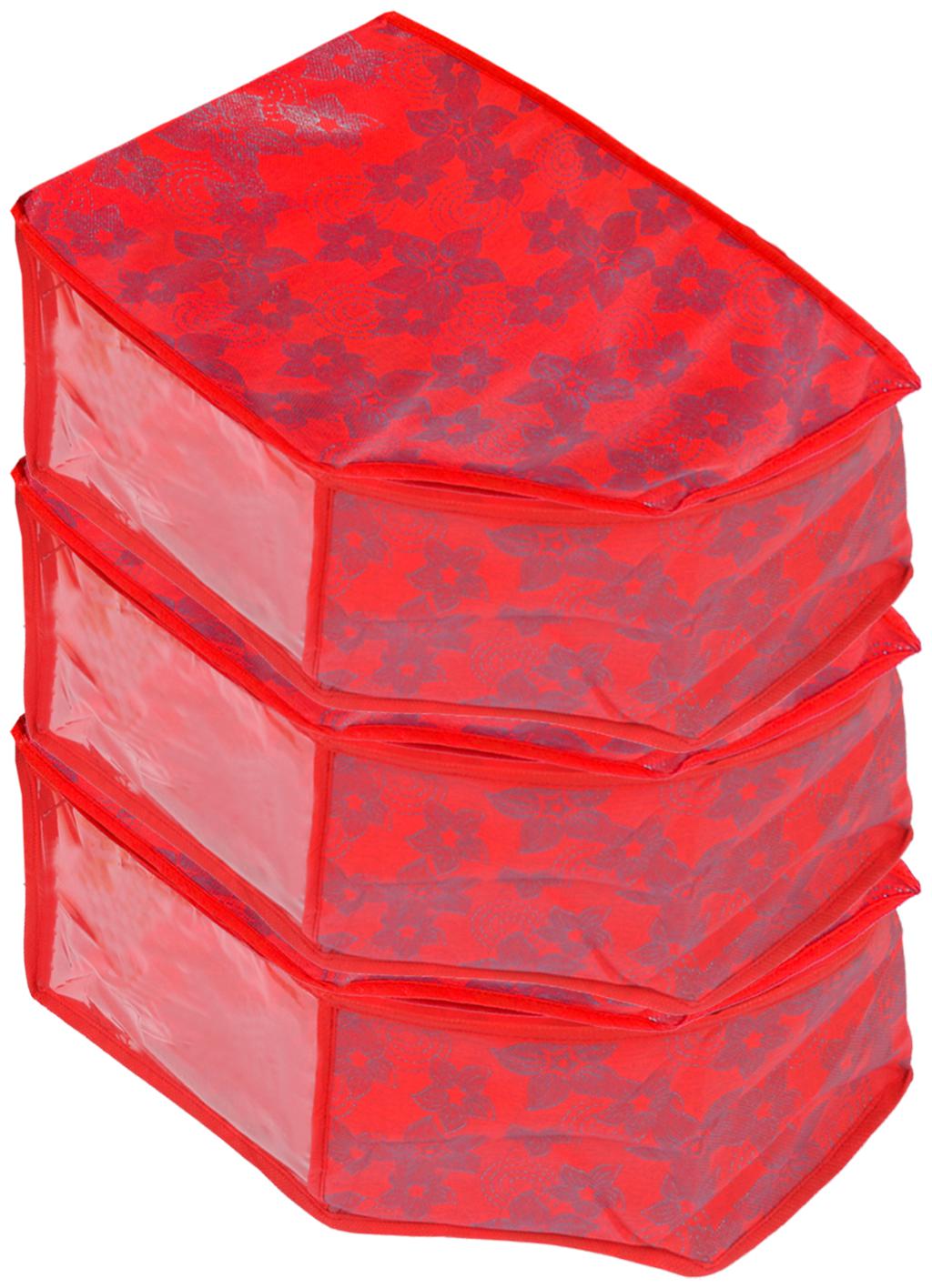 

Kuber Industries Metallic Flower 3 Pieces Non Woven Blouse Cover Set (Red) - CTHH13743