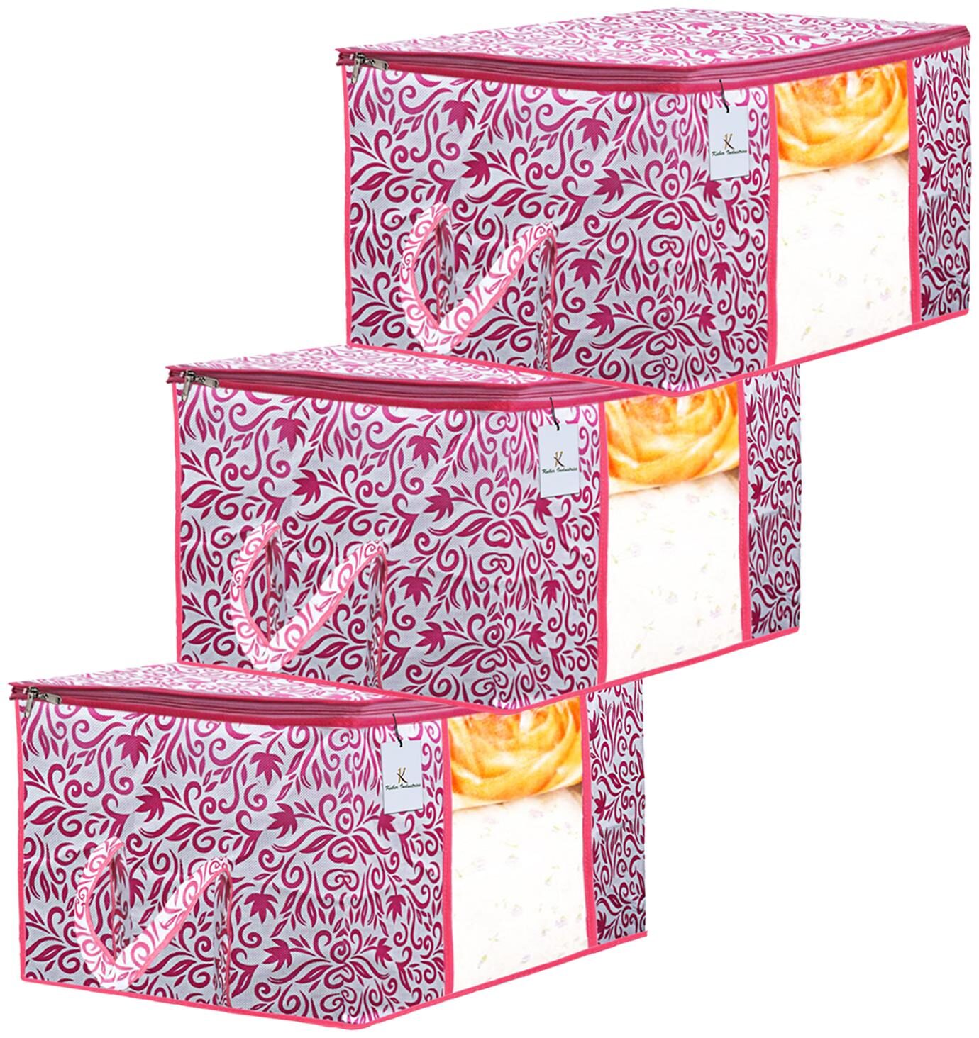 

Kuber Industries Leaf Design 3 pc Non Woven Underbed Storage Bag Storage Organiser Blanket Cover with Transparent Window Extra Large Pink CTHH15608