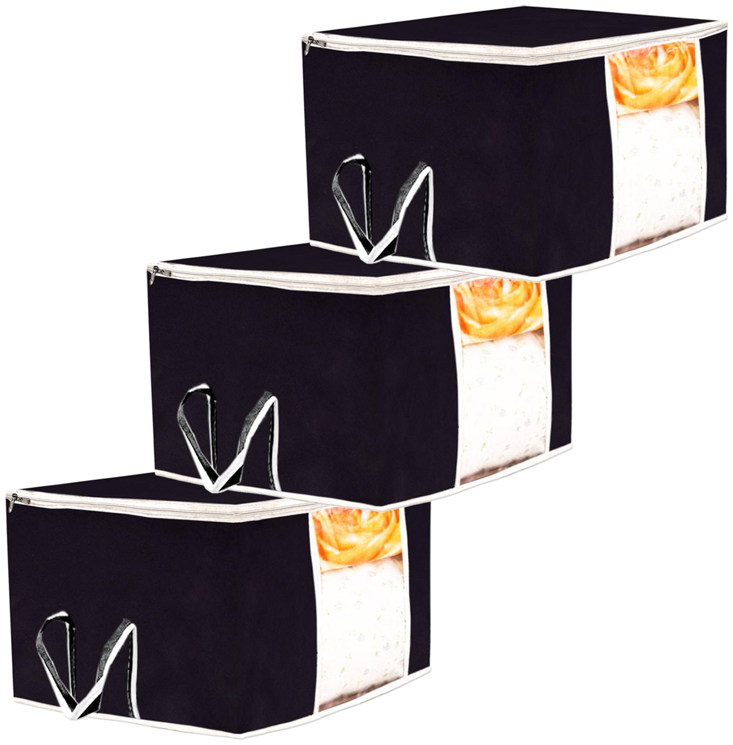 

Kuber Industries 3 pc Non Woven Underbed Storage Bag Storage Organiser Blanket Cover with Transparent Window Extra Large Black CTHH15563