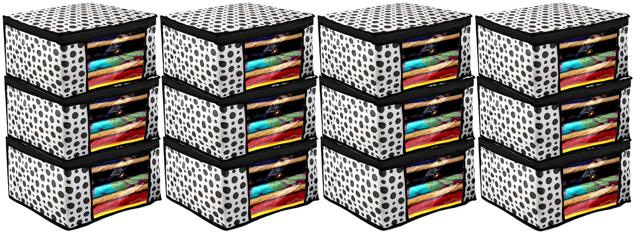 

Kuber Industries Polka Dots Design 12 pc Non Woven Fabric Saree Cover Clothes Organiser For Wardrobe Set with Transparent Window Extra Large (Black White) - CTHH17481