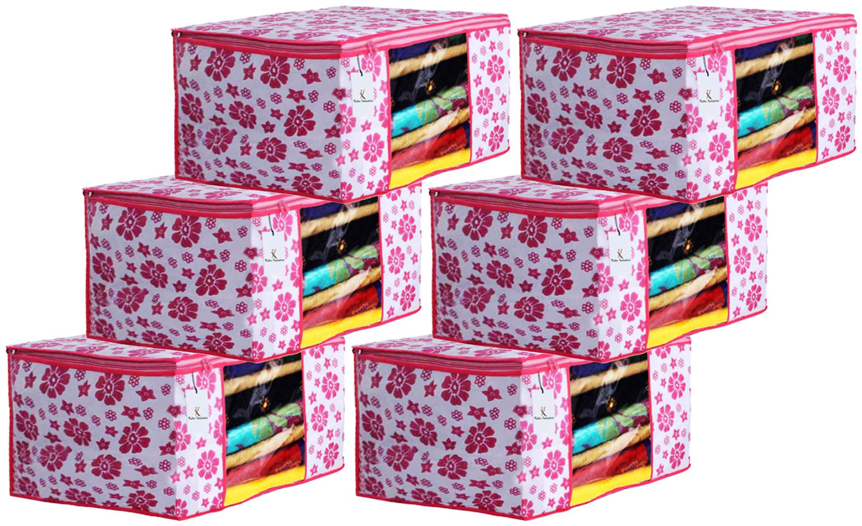 

Kuber Industries Flower Design 6 pc Non Woven Fabric Saree Cover Set with Transparent Window Extra Large Pink- CTHH16136