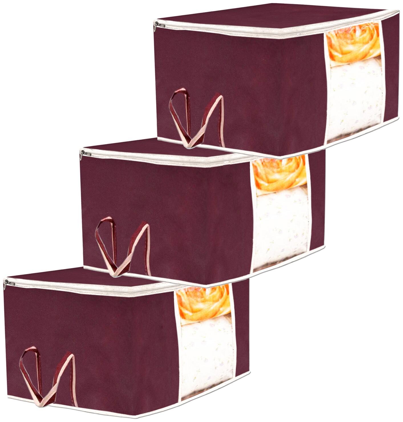 

Kuber Industries 3 pc Non Woven Underbed Storage Bag Storage Organiser Blanket Cover with Transparent Window Extra Large Maroon CTHH15543