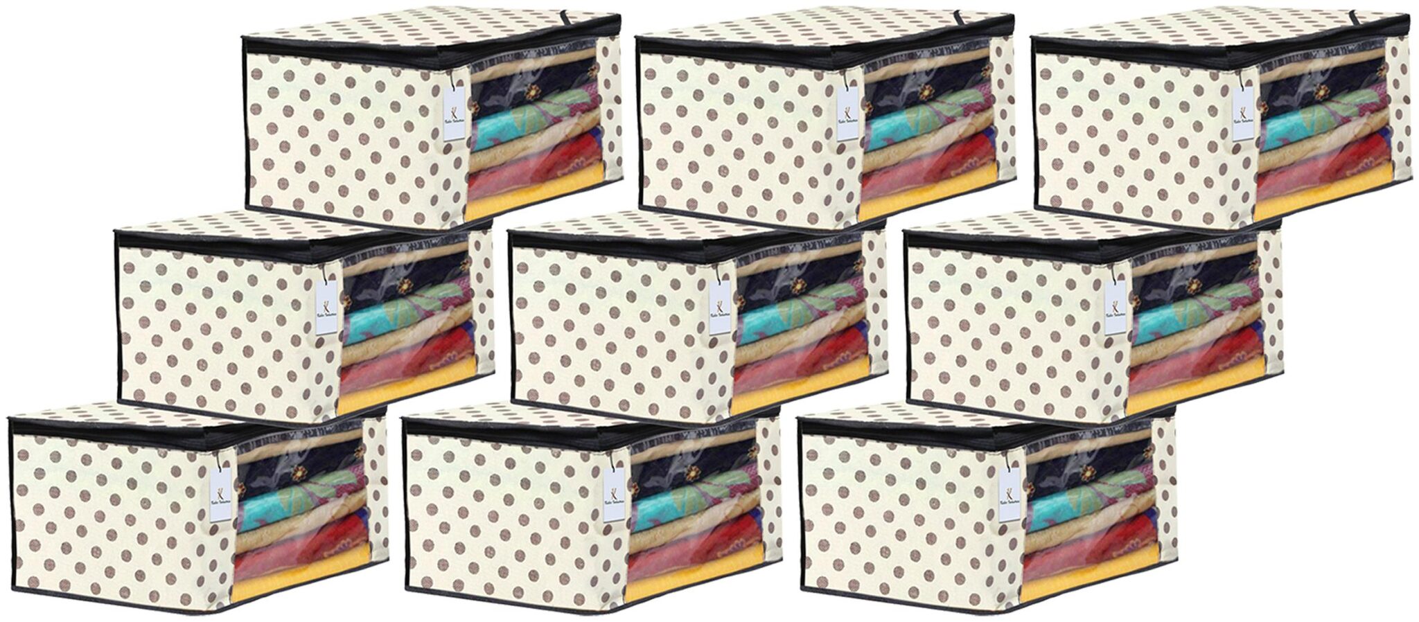 

Kuber Industries Polka Dot Design 9 pc Non Woven Fabric Saree Cover Set with Transparent Window Extra Large Ivory- CTHH16157