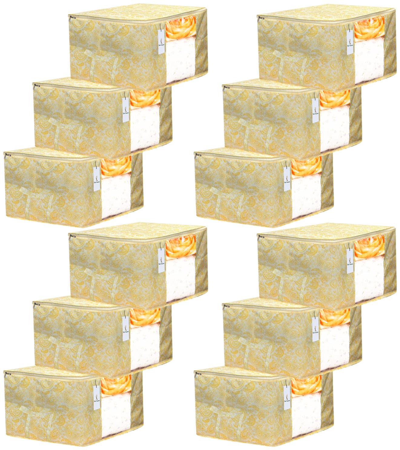 

Kuber Industries Leaf Design 12 pc Non Woven Underbed Storage Bag Storage Organiser Blanket Cover with Transparent Window Extra Large Gold CTHH15621