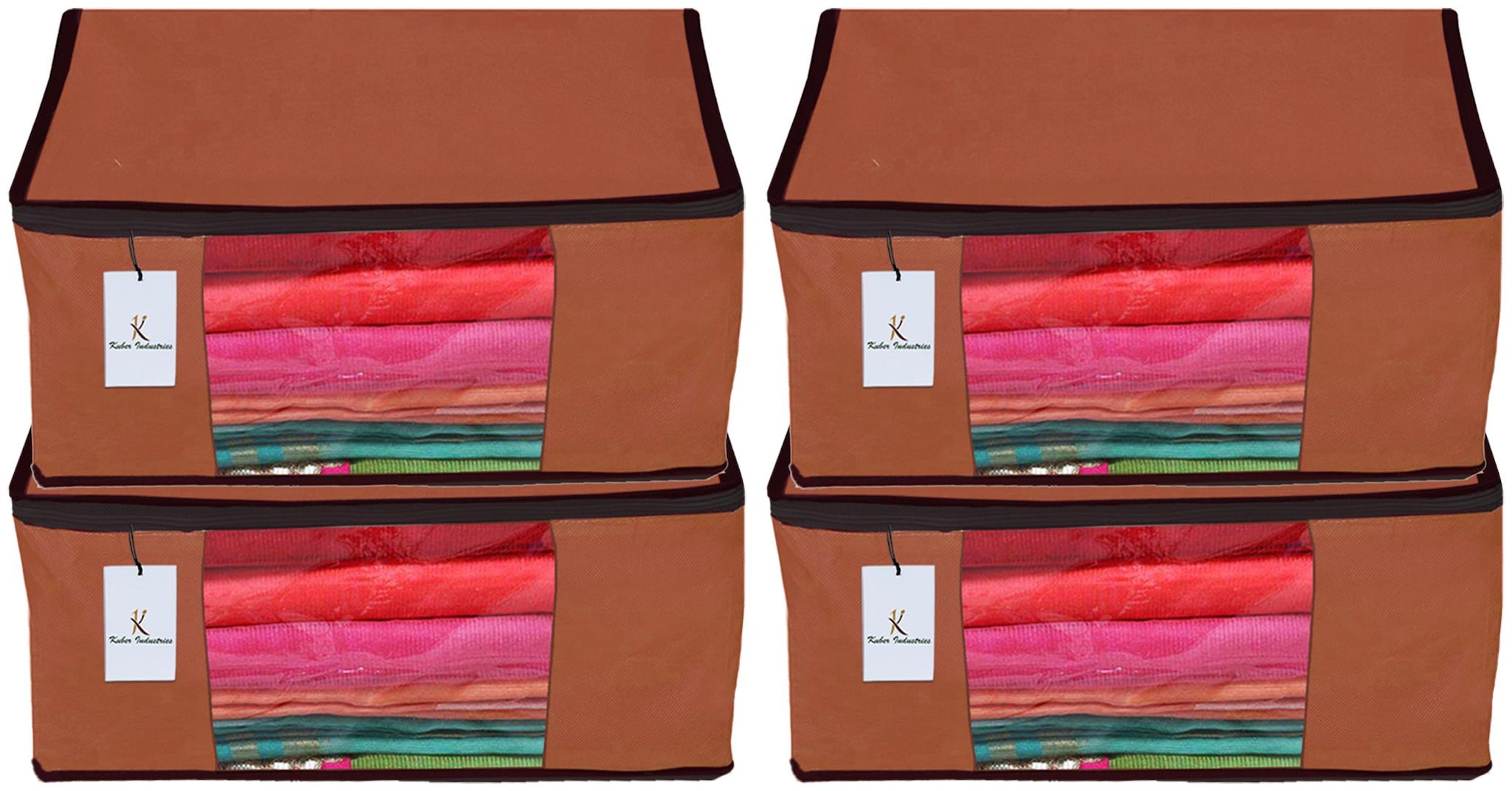 

Kuber Industries 4 Piece Non Woven Fabric Saree Cover Set with Transparent Window Extra Large Dark Brown CTHH14160