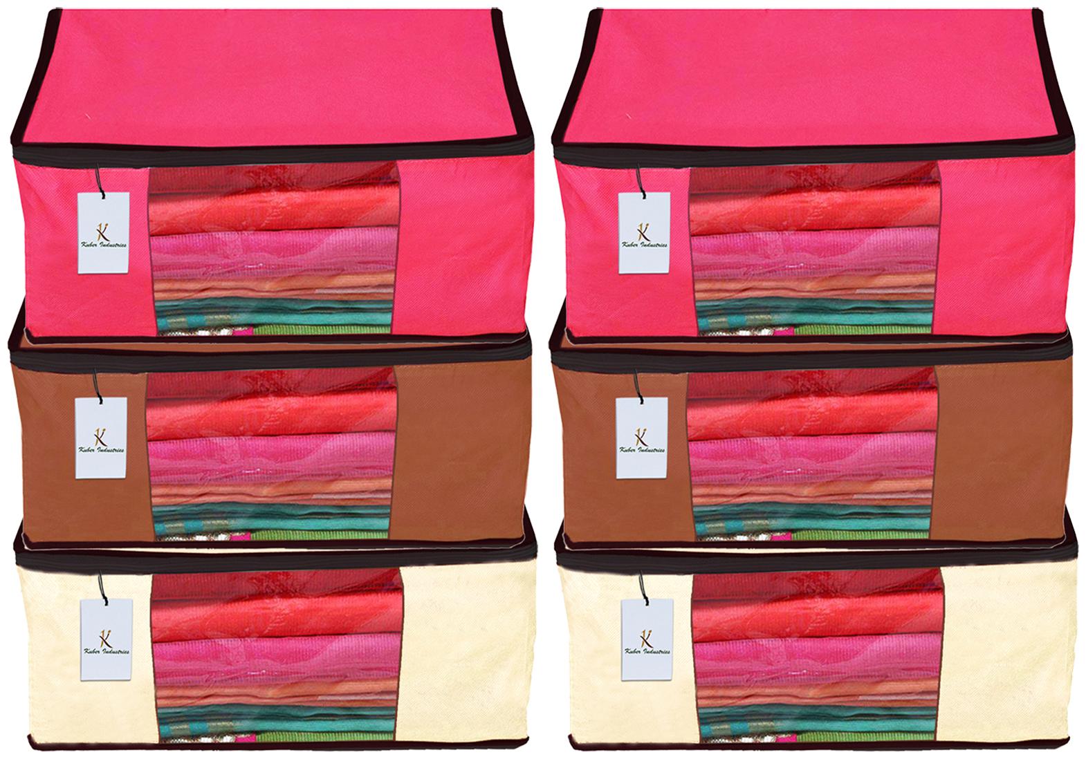 

Kuber Industries 6 Piece Non Woven Fabric Saree Cover Set with Transparent Window Extra Large Ivory Pink Dark Brown CTHH14188
