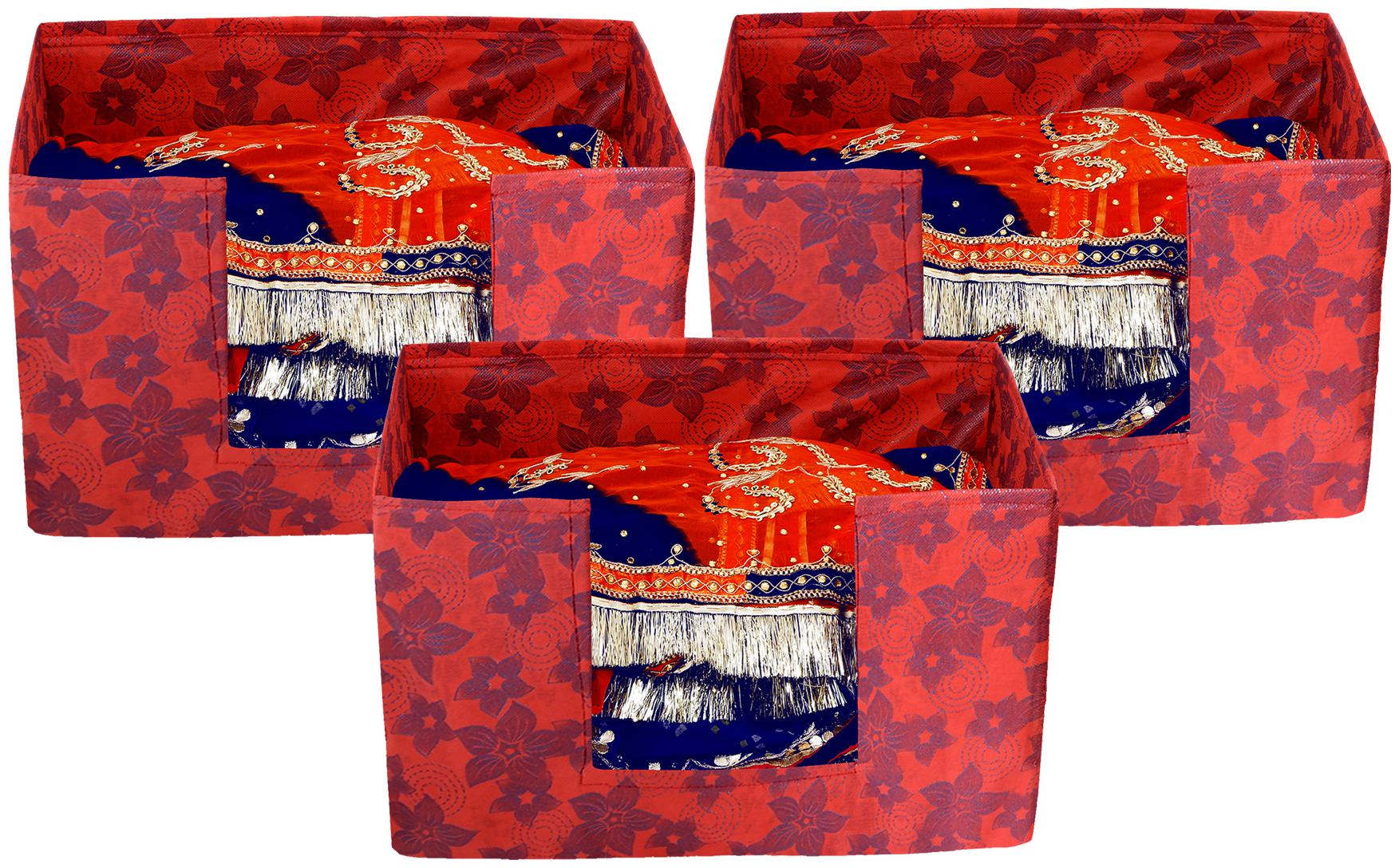

Kuber Industries Metalic Flower 3 pcs Large Capacity Space Saver Closet Stackable and Foldable Saree Clothes Storage Bag Non-Woven Rectangle Cloth Saree Stacker Wardrobe Organizer (Red) CTHH15690