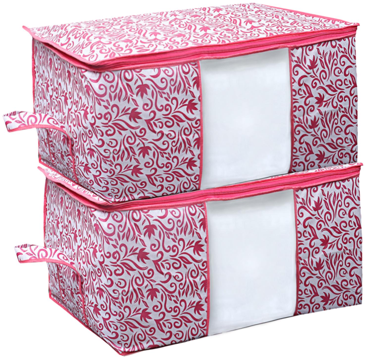 

Kuber Industries Leaf Design Non Woven 2 Pieces Underbed Storage Bag Storage Organiser Blanket Cover (Pink)- CTHH22188