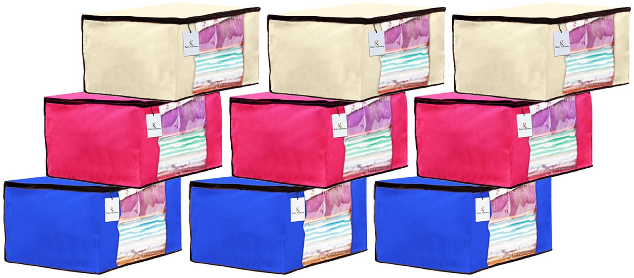 

Kuber Industries 9 Piece Non Woven Fabric Saree Cover Set with Transparent Window Extra Large Ivory Royal Blue Pink CTHH14101